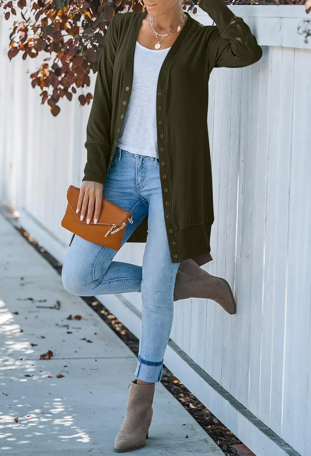 MEROKEETY Women's 2024 Fall Long Sleeve Snap Button Down Solid Color Knit Ribbed Neckline Cardigans