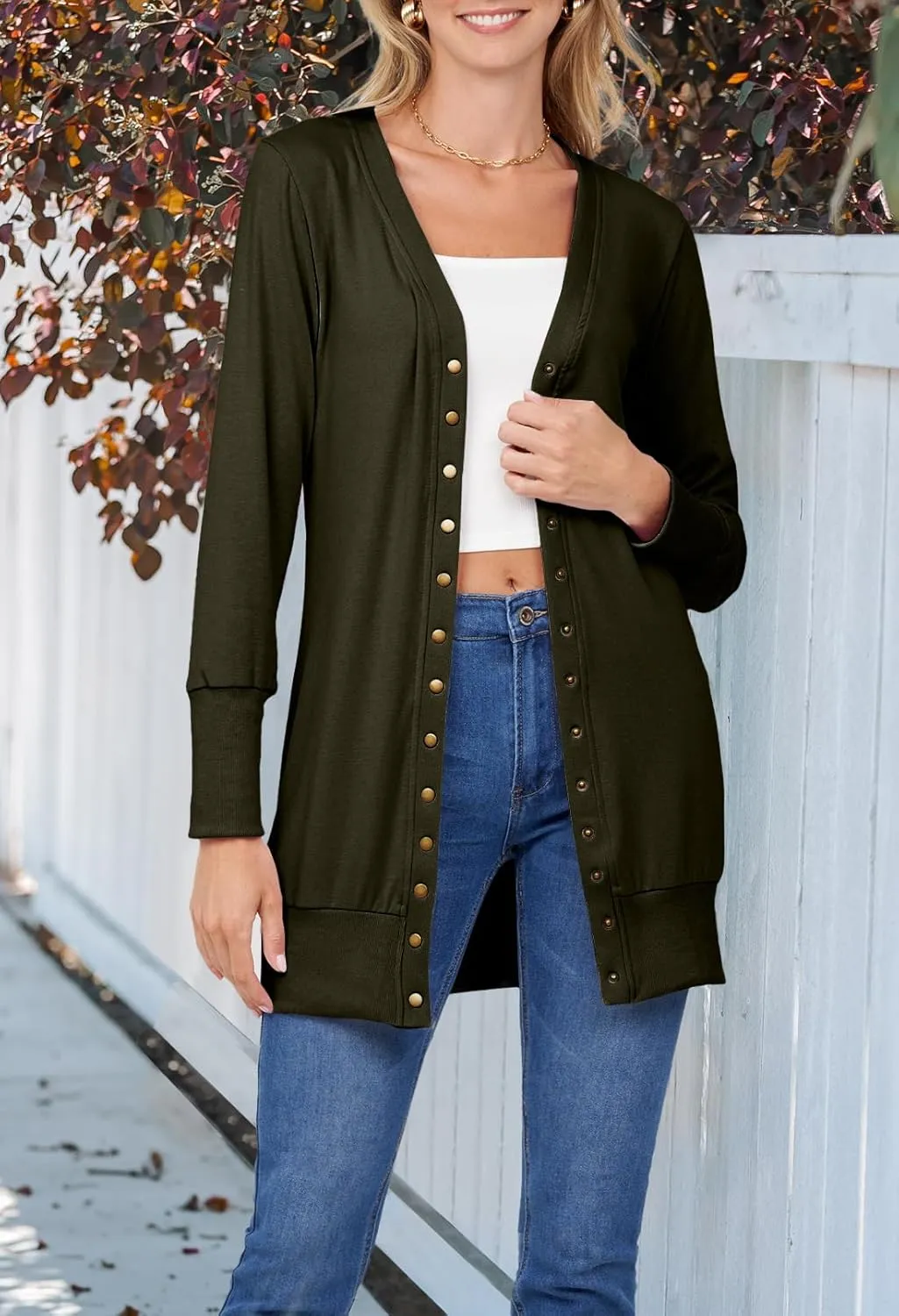 MEROKEETY Women's 2024 Fall Long Sleeve Snap Button Down Solid Color Knit Ribbed Neckline Cardigans