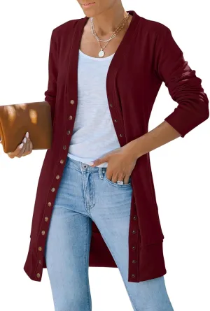MEROKEETY Women's 2024 Fall Long Sleeve Snap Button Down Solid Color Knit Ribbed Neckline Cardigans