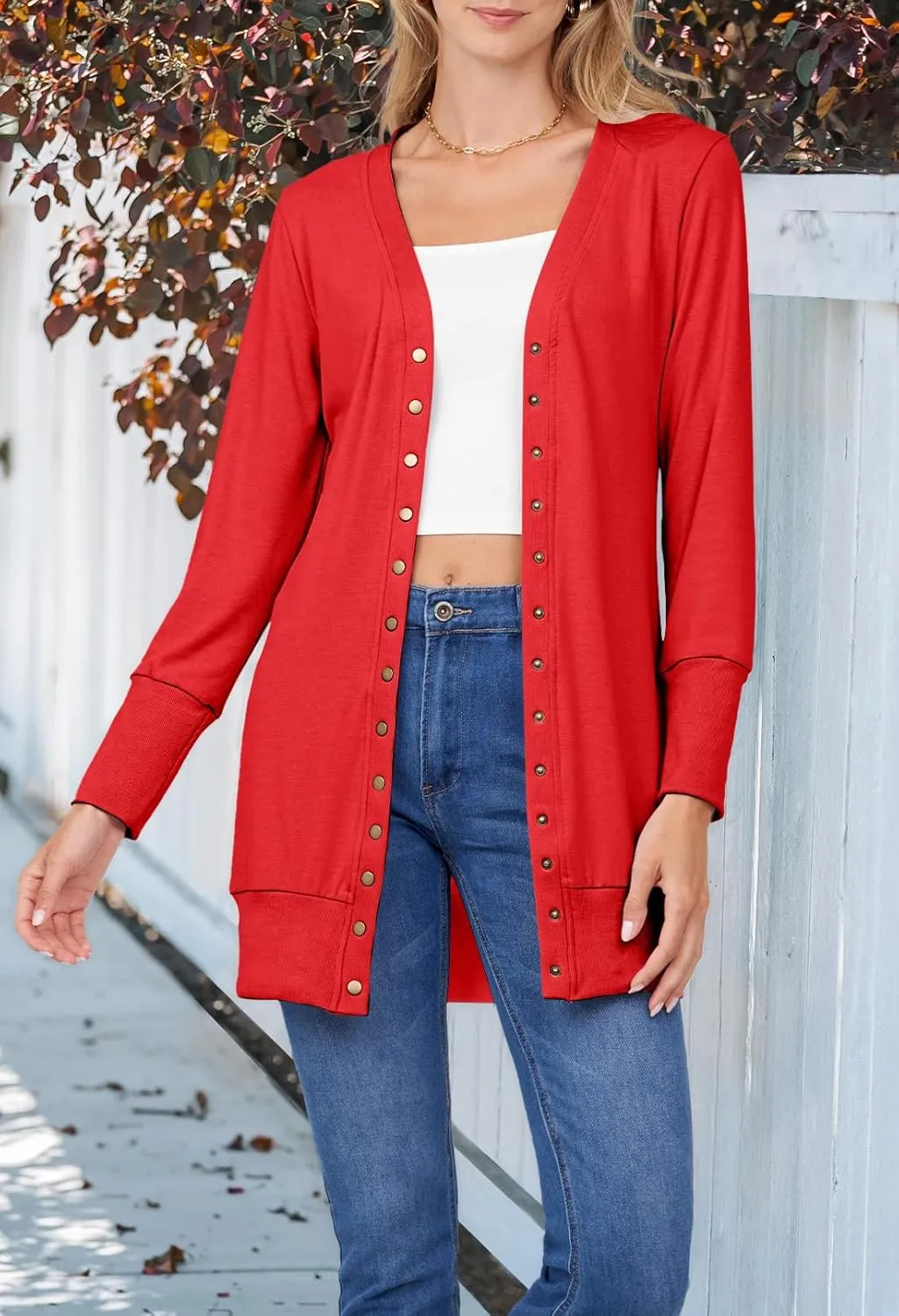 MEROKEETY Women's 2024 Fall Long Sleeve Snap Button Down Solid Color Knit Ribbed Neckline Cardigans