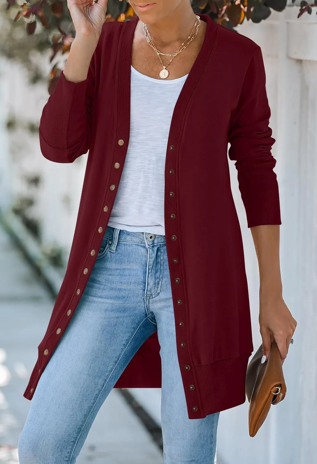 MEROKEETY Women's 2024 Fall Long Sleeve Snap Button Down Solid Color Knit Ribbed Neckline Cardigans