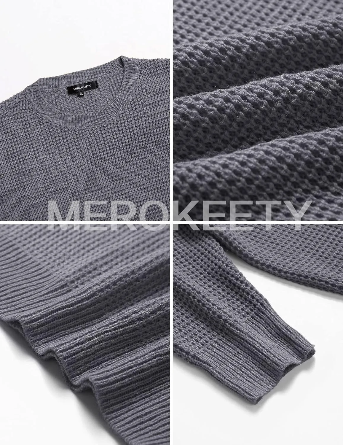 MEROKEETY Women's 2024 Long Sleeve Waffle Knit Sweater Crew Neck Solid Color Pullover Jumper Tops