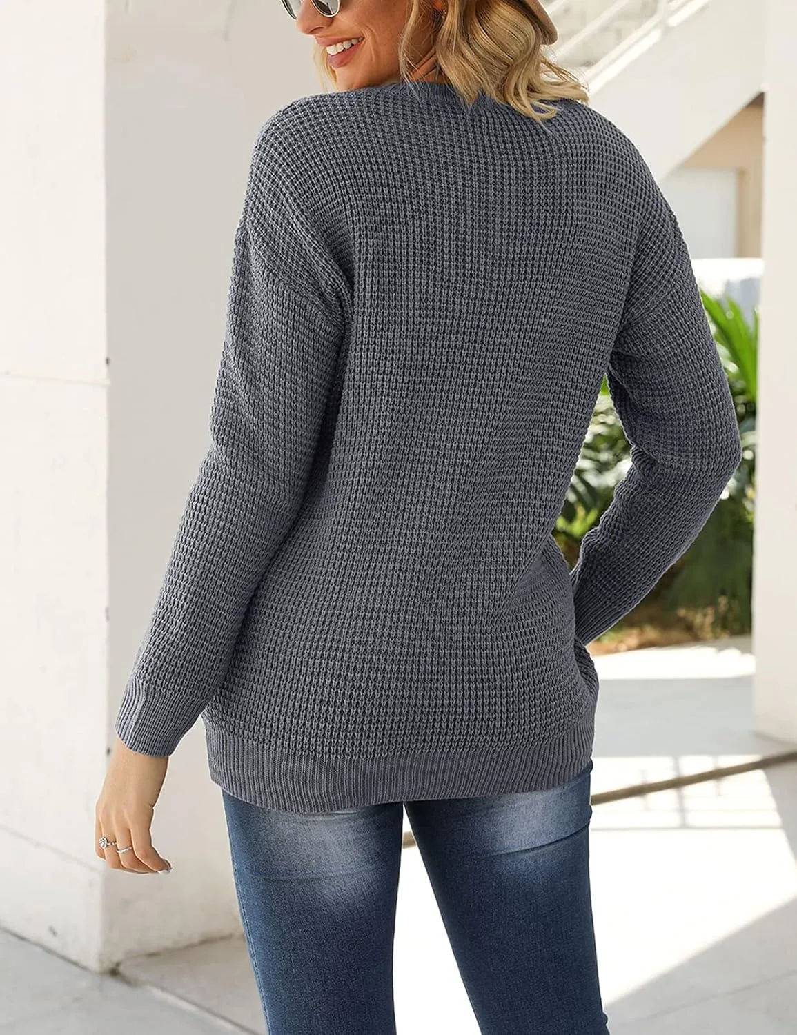 MEROKEETY Women's 2024 Long Sleeve Waffle Knit Sweater Crew Neck Solid Color Pullover Jumper Tops