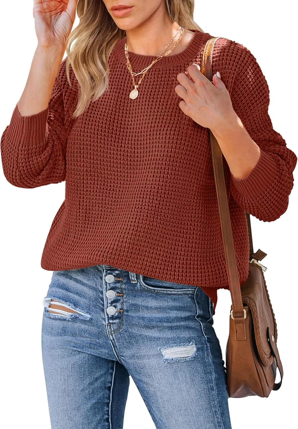 MEROKEETY Women's 2024 Long Sleeve Waffle Knit Sweater Crew Neck Solid Color Pullover Jumper Tops