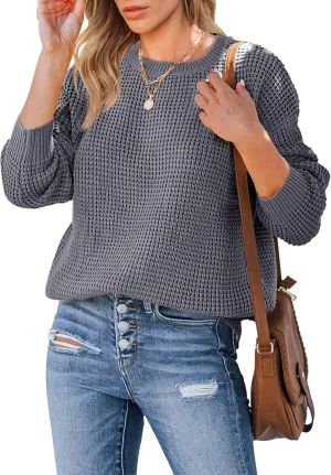 MEROKEETY Women's 2024 Long Sleeve Waffle Knit Sweater Crew Neck Solid Color Pullover Jumper Tops