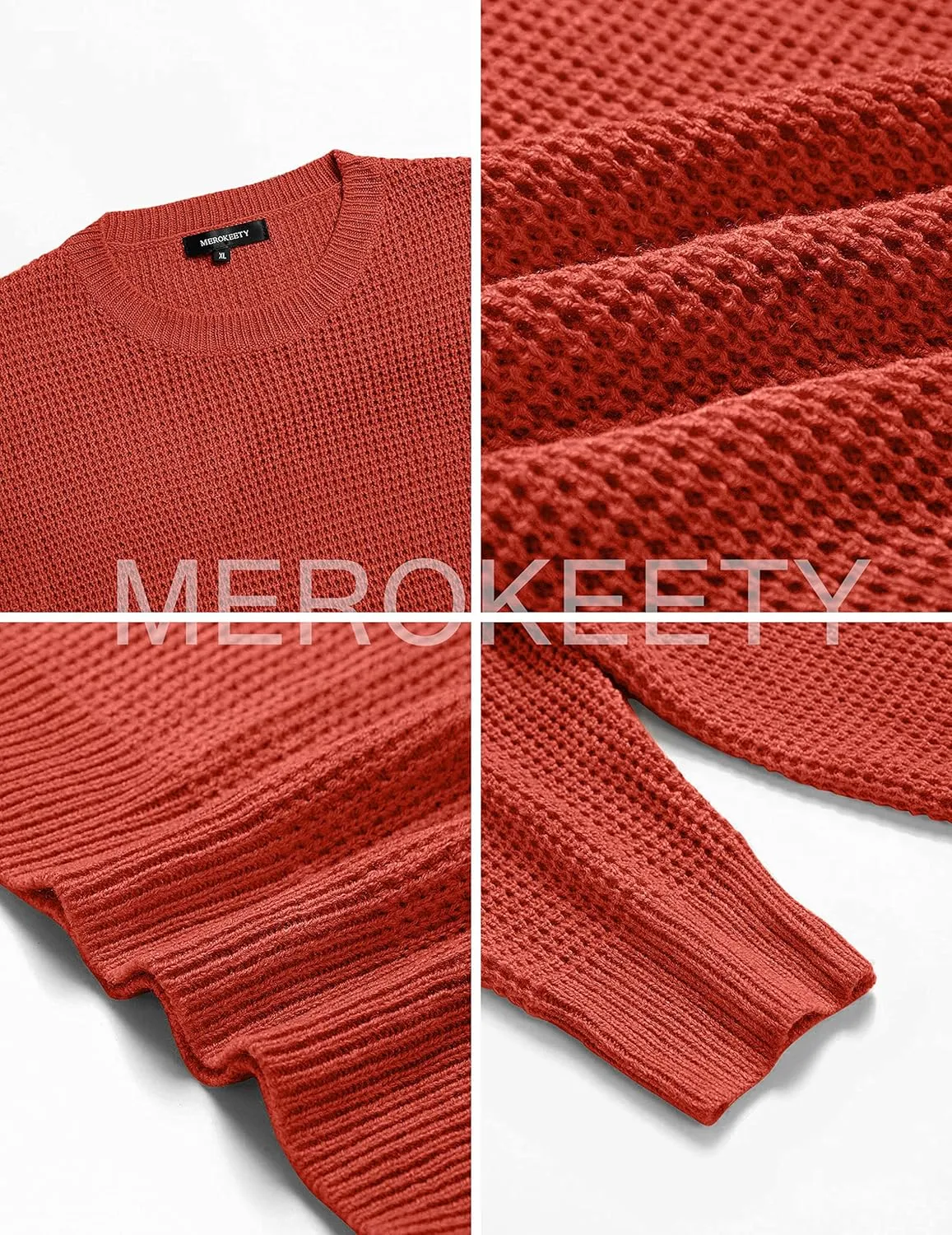 MEROKEETY Women's 2024 Long Sleeve Waffle Knit Sweater Crew Neck Solid Color Pullover Jumper Tops
