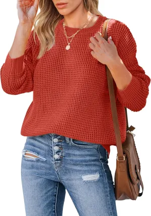 MEROKEETY Women's 2024 Long Sleeve Waffle Knit Sweater Crew Neck Solid Color Pullover Jumper Tops