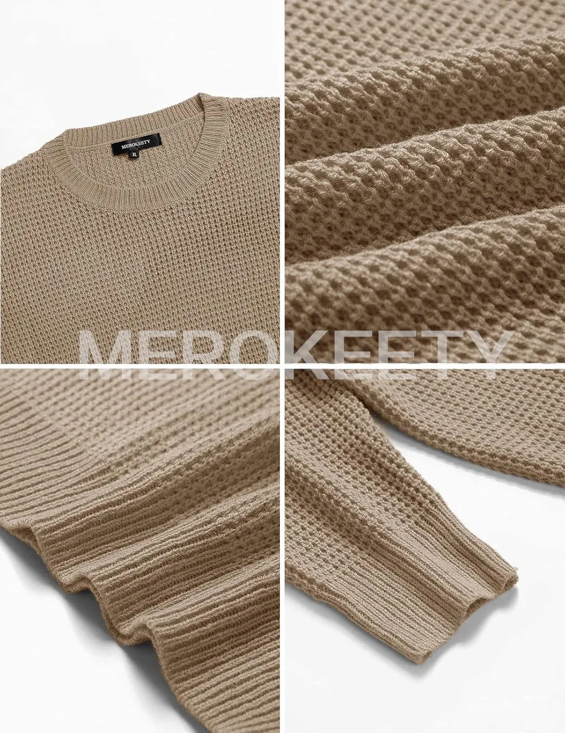 MEROKEETY Women's 2024 Long Sleeve Waffle Knit Sweater Crew Neck Solid Color Pullover Jumper Tops