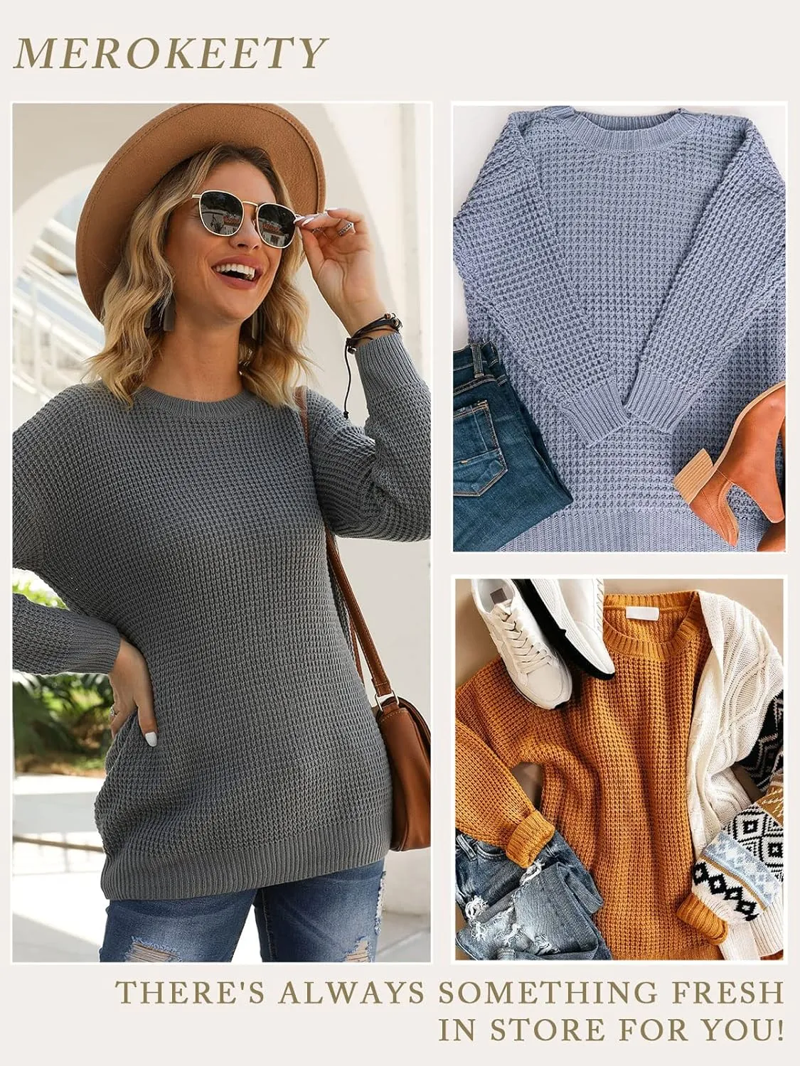MEROKEETY Women's 2024 Long Sleeve Waffle Knit Sweater Crew Neck Solid Color Pullover Jumper Tops