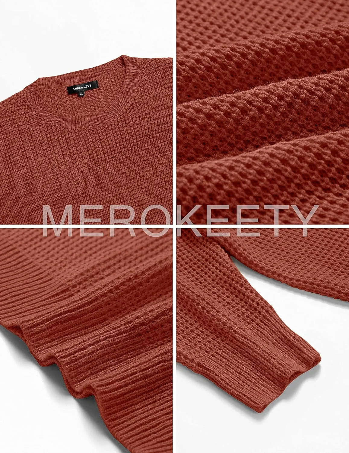MEROKEETY Women's 2024 Long Sleeve Waffle Knit Sweater Crew Neck Solid Color Pullover Jumper Tops