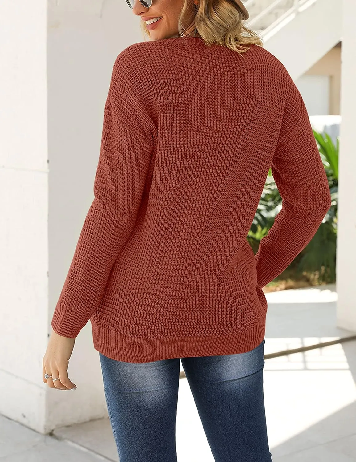 MEROKEETY Women's 2024 Long Sleeve Waffle Knit Sweater Crew Neck Solid Color Pullover Jumper Tops