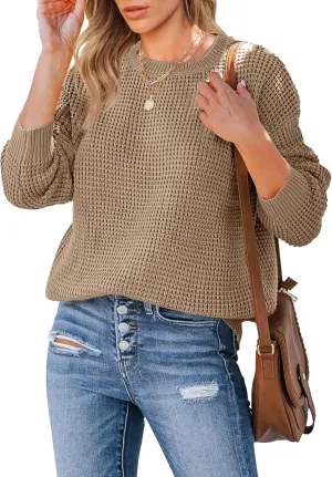 MEROKEETY Women's 2024 Long Sleeve Waffle Knit Sweater Crew Neck Solid Color Pullover Jumper Tops