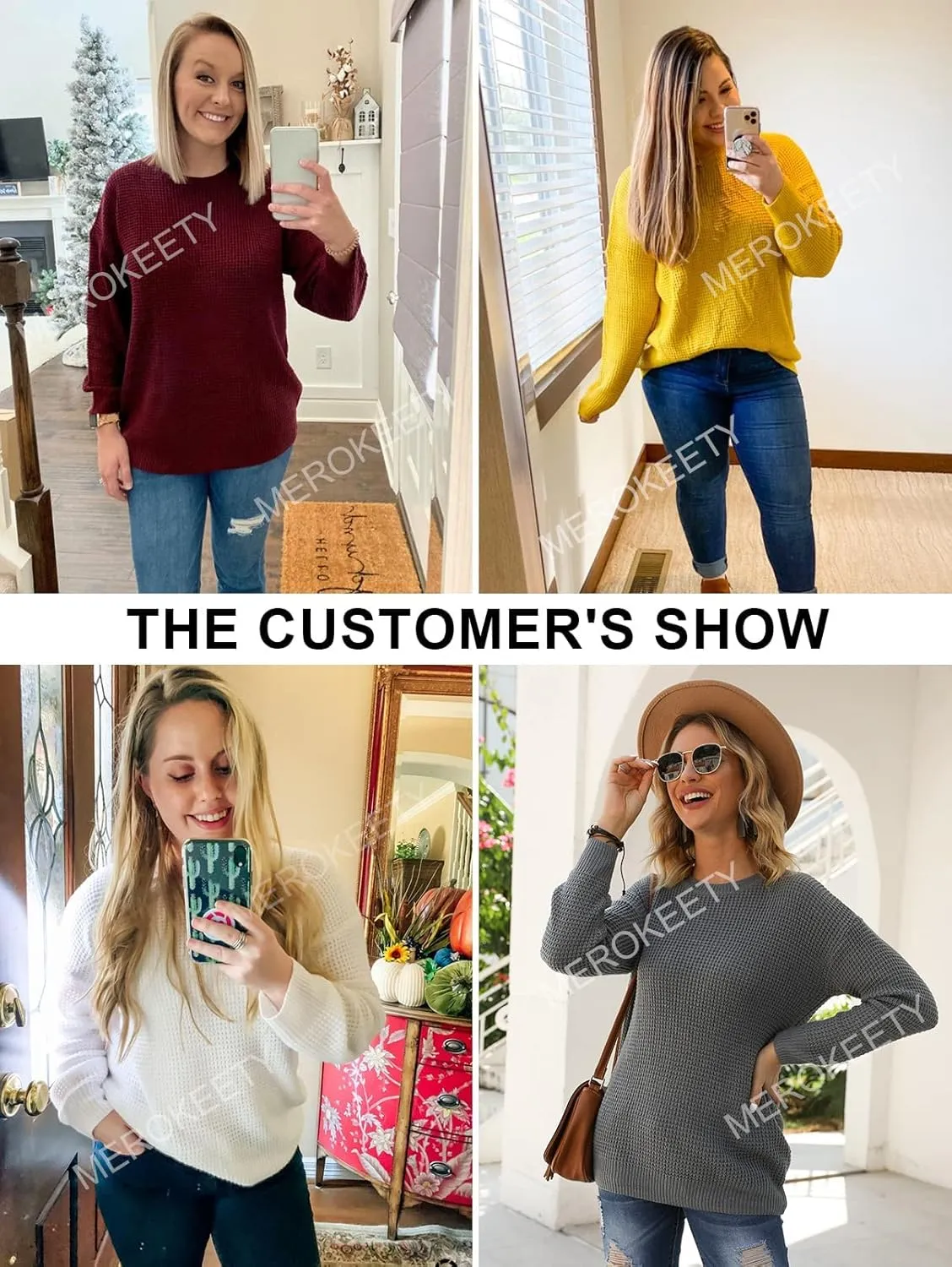 MEROKEETY Women's 2024 Long Sleeve Waffle Knit Sweater Crew Neck Solid Color Pullover Jumper Tops