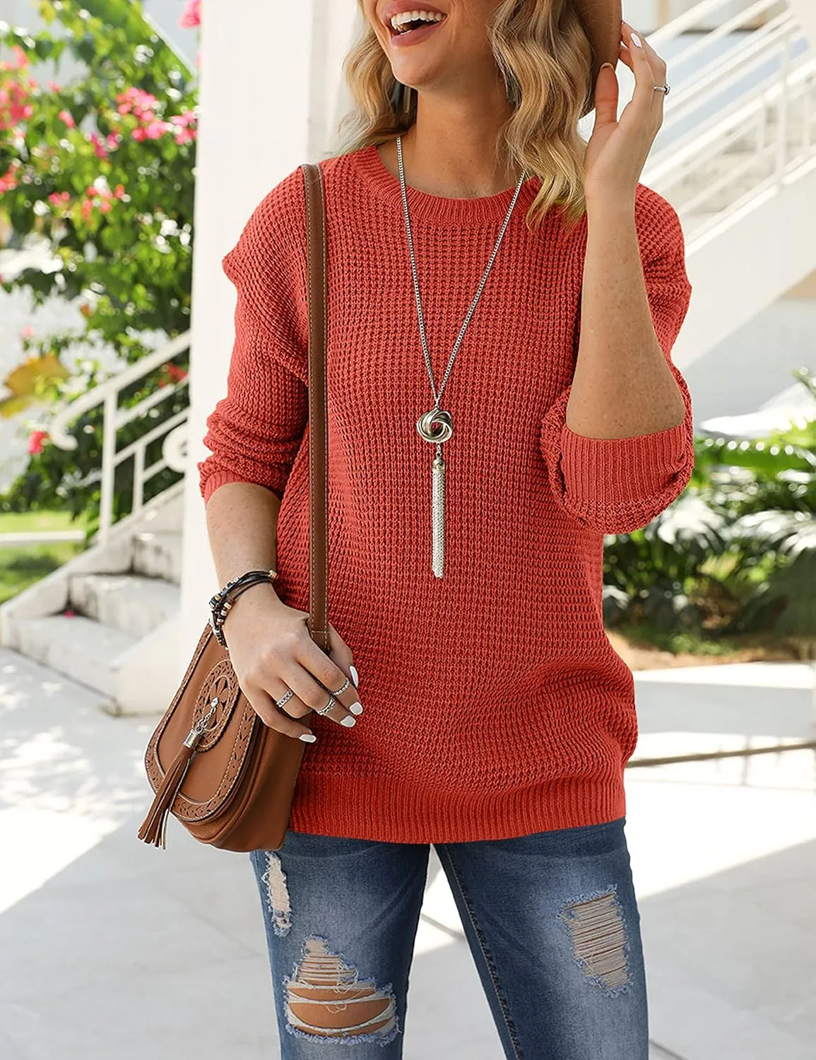 MEROKEETY Women's 2024 Long Sleeve Waffle Knit Sweater Crew Neck Solid Color Pullover Jumper Tops