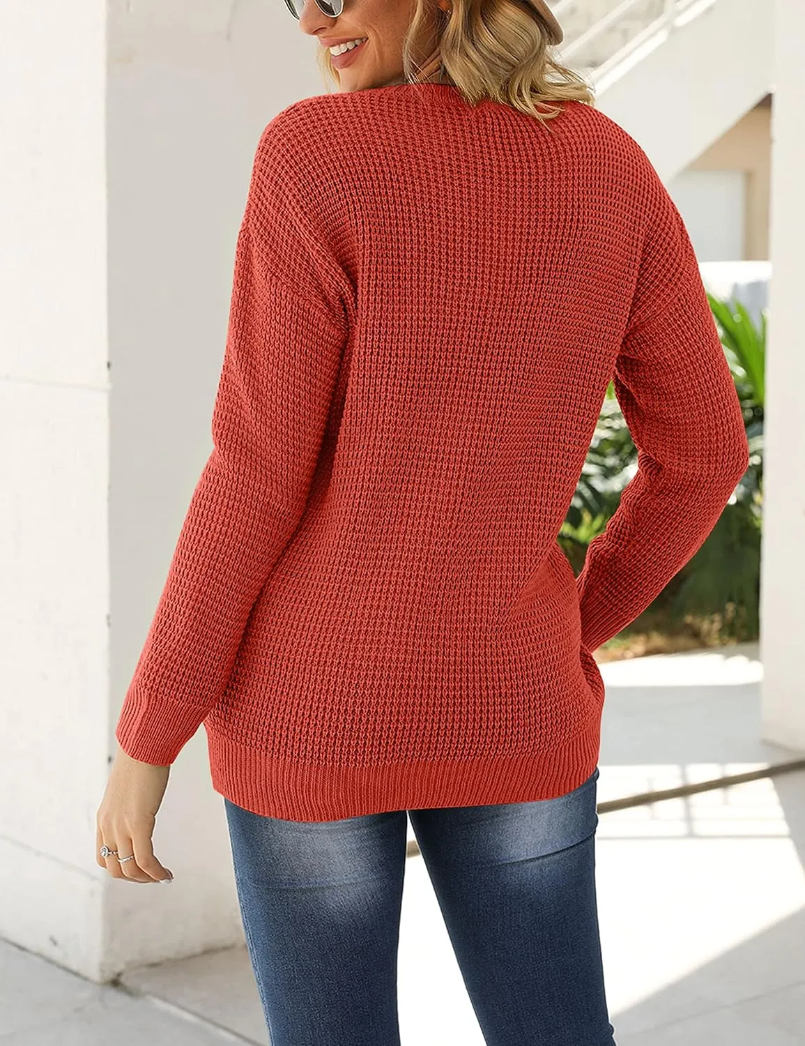 MEROKEETY Women's 2024 Long Sleeve Waffle Knit Sweater Crew Neck Solid Color Pullover Jumper Tops