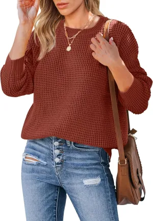 MEROKEETY Women's 2024 Long Sleeve Waffle Knit Sweater Crew Neck Solid Color Pullover Jumper Tops