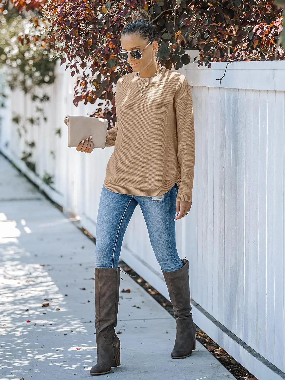 MEROKEETY Women's 2025 Fall Long Sleeve Oversized Crew Neck Solid Color Knit Pullover Sweater Tops