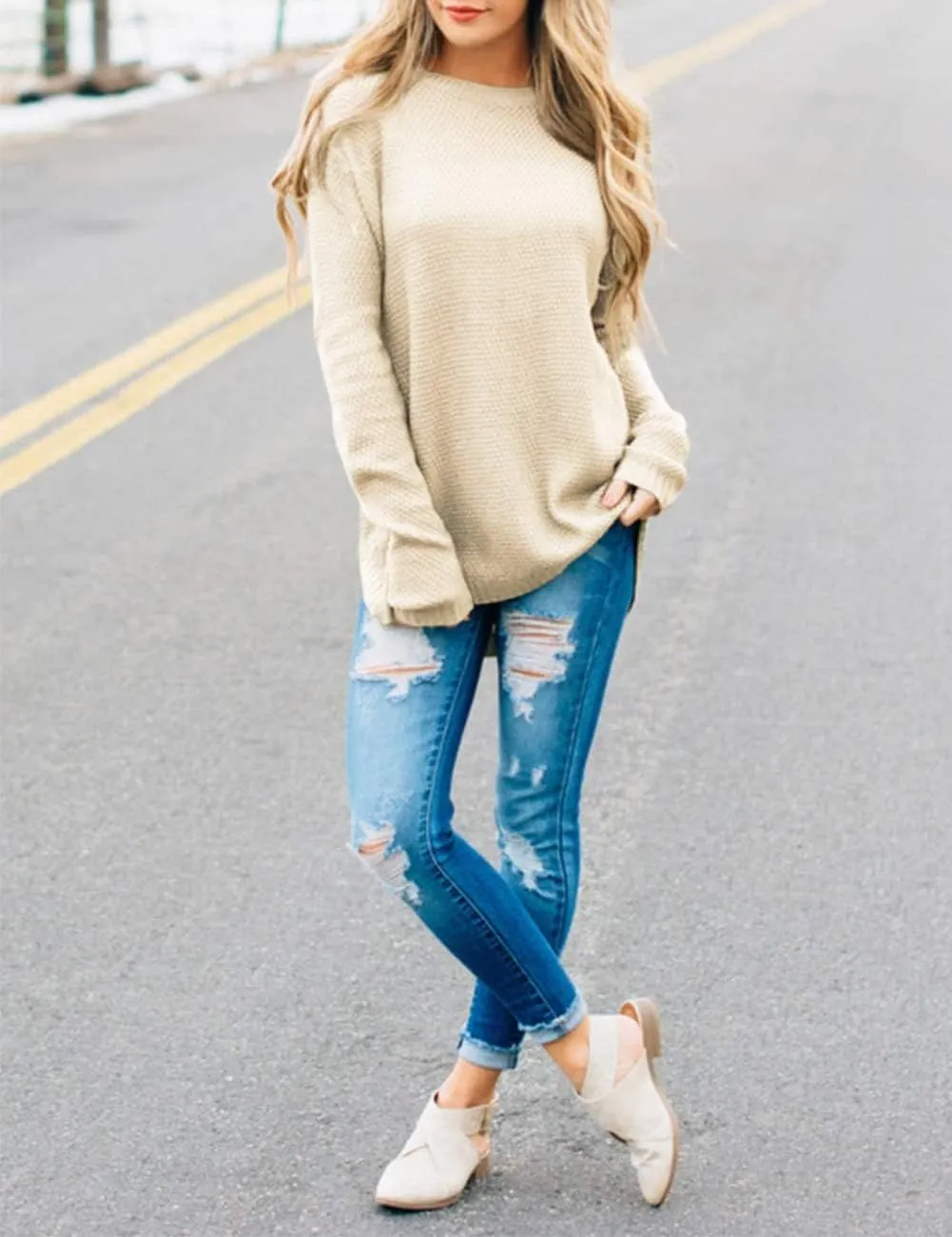 MEROKEETY Women's 2025 Fall Long Sleeve Oversized Crew Neck Solid Color Knit Pullover Sweater Tops