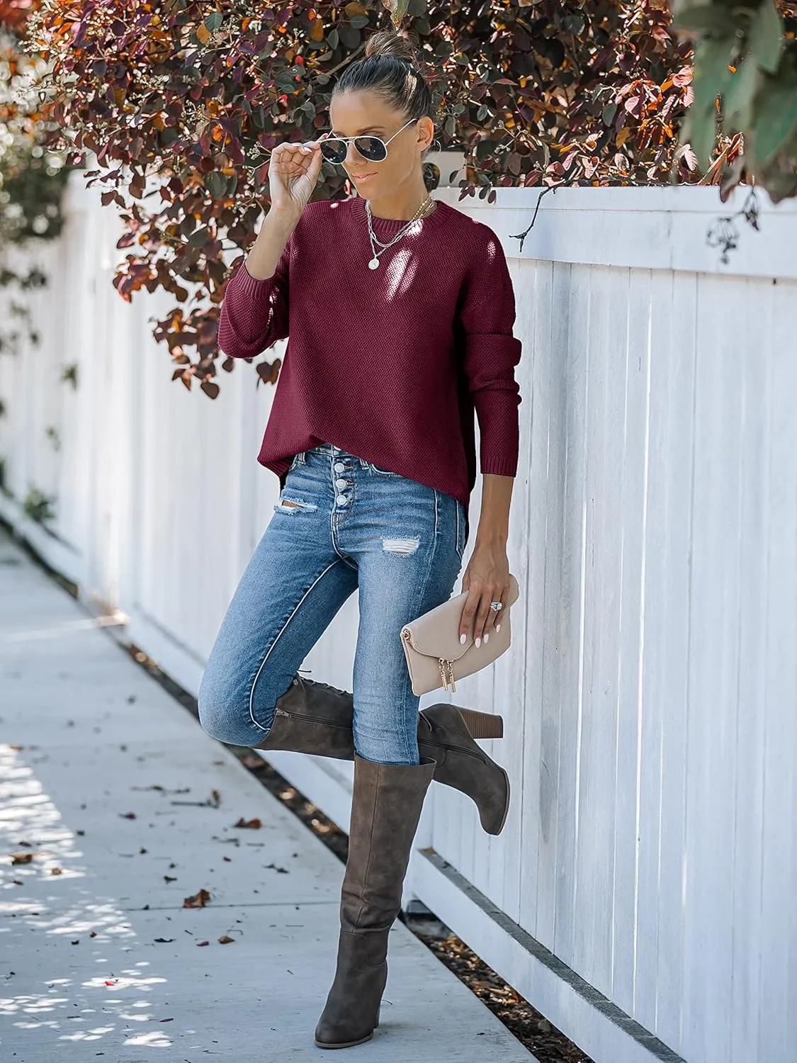 MEROKEETY Women's 2025 Fall Long Sleeve Oversized Crew Neck Solid Color Knit Pullover Sweater Tops