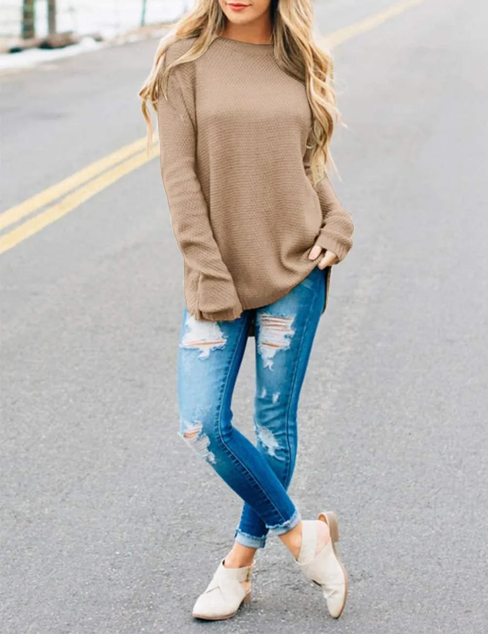 MEROKEETY Women's 2025 Fall Long Sleeve Oversized Crew Neck Solid Color Knit Pullover Sweater Tops