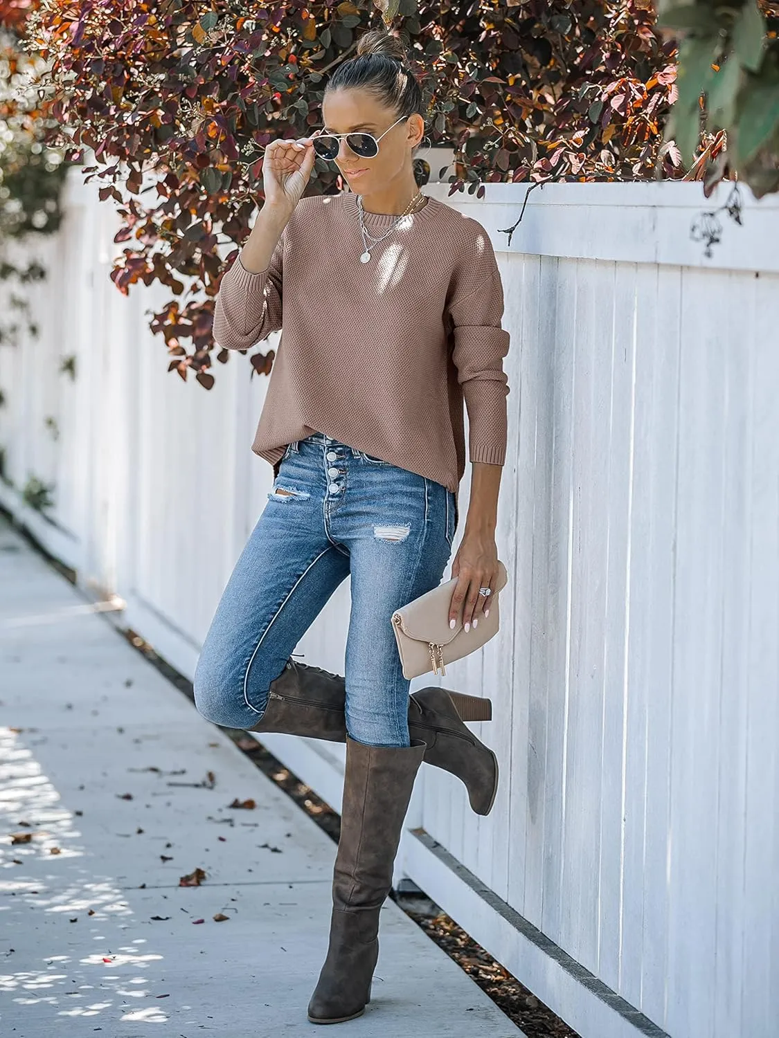 MEROKEETY Women's 2025 Fall Long Sleeve Oversized Crew Neck Solid Color Knit Pullover Sweater Tops