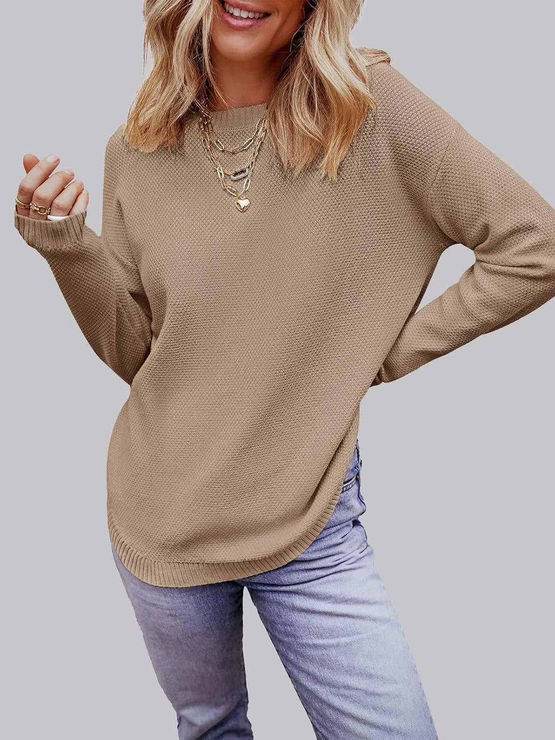 MEROKEETY Women's 2025 Fall Long Sleeve Oversized Crew Neck Solid Color Knit Pullover Sweater Tops