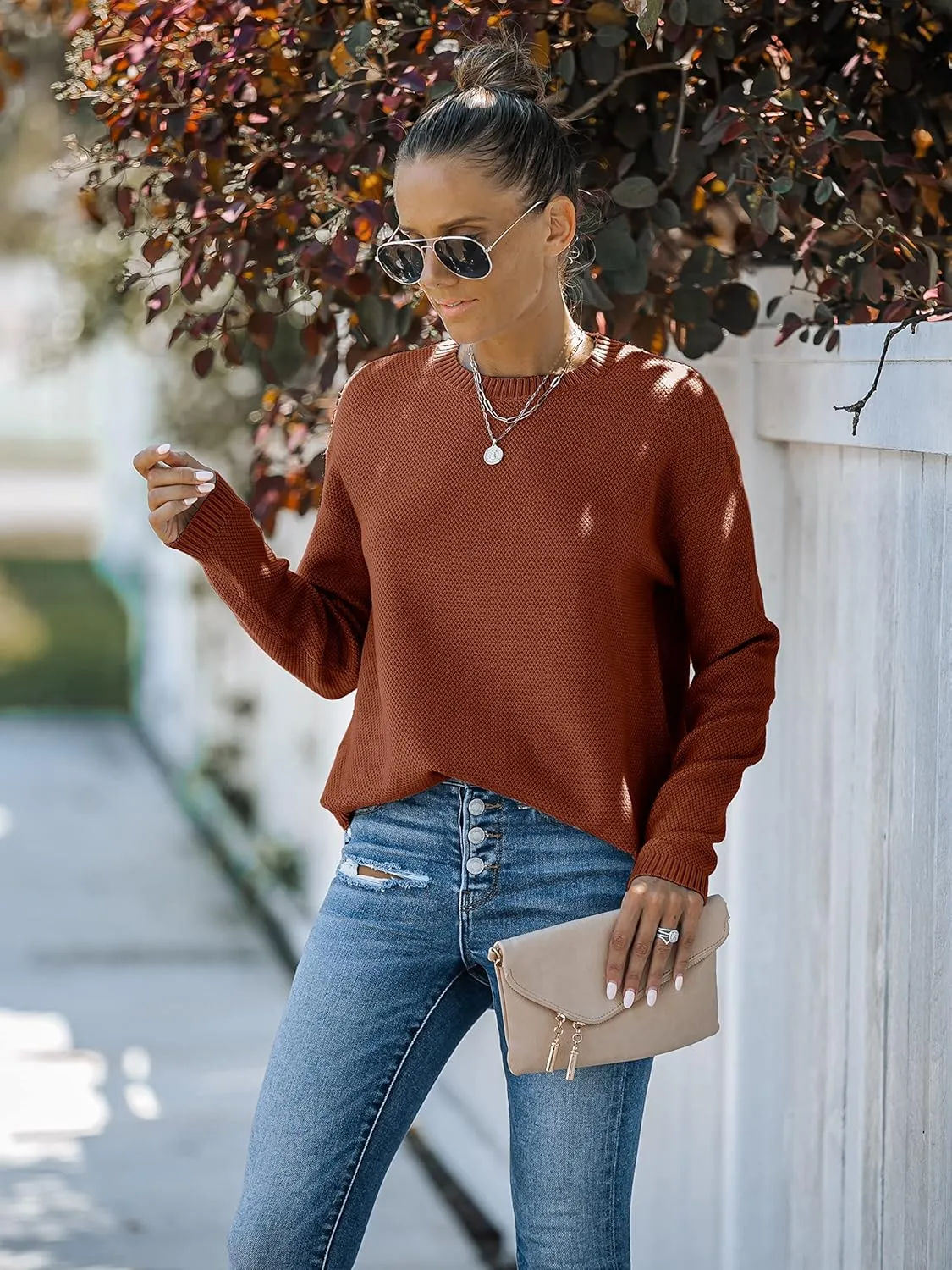 MEROKEETY Women's 2025 Fall Long Sleeve Oversized Crew Neck Solid Color Knit Pullover Sweater Tops