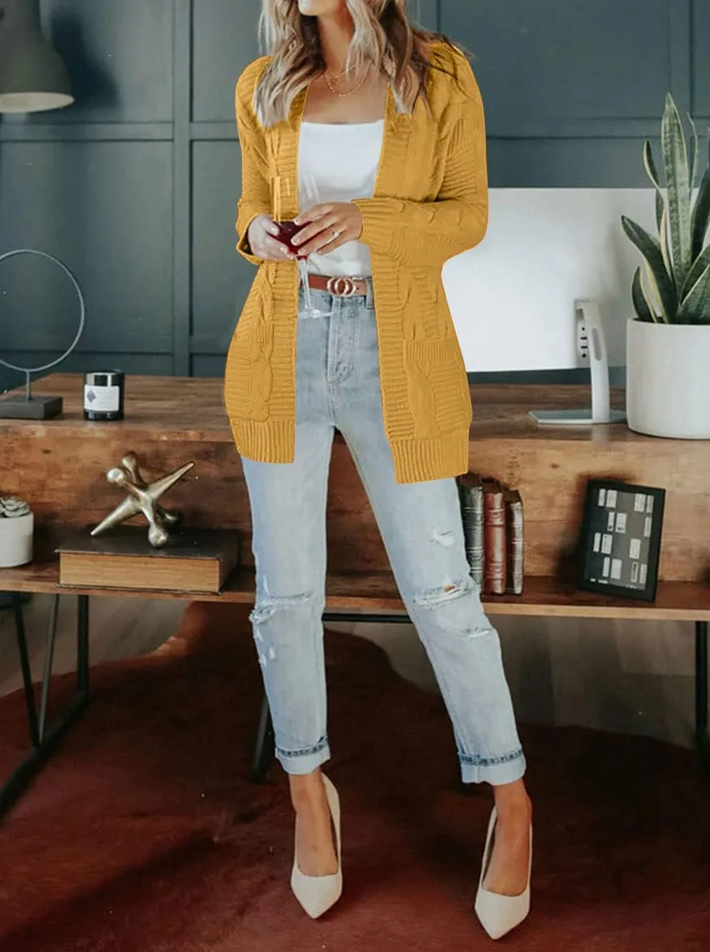 MEROKEETY Women's 2025 Long Sleeve Cable Knit Cardigan Sweaters Open Front Fall Outwear Coat