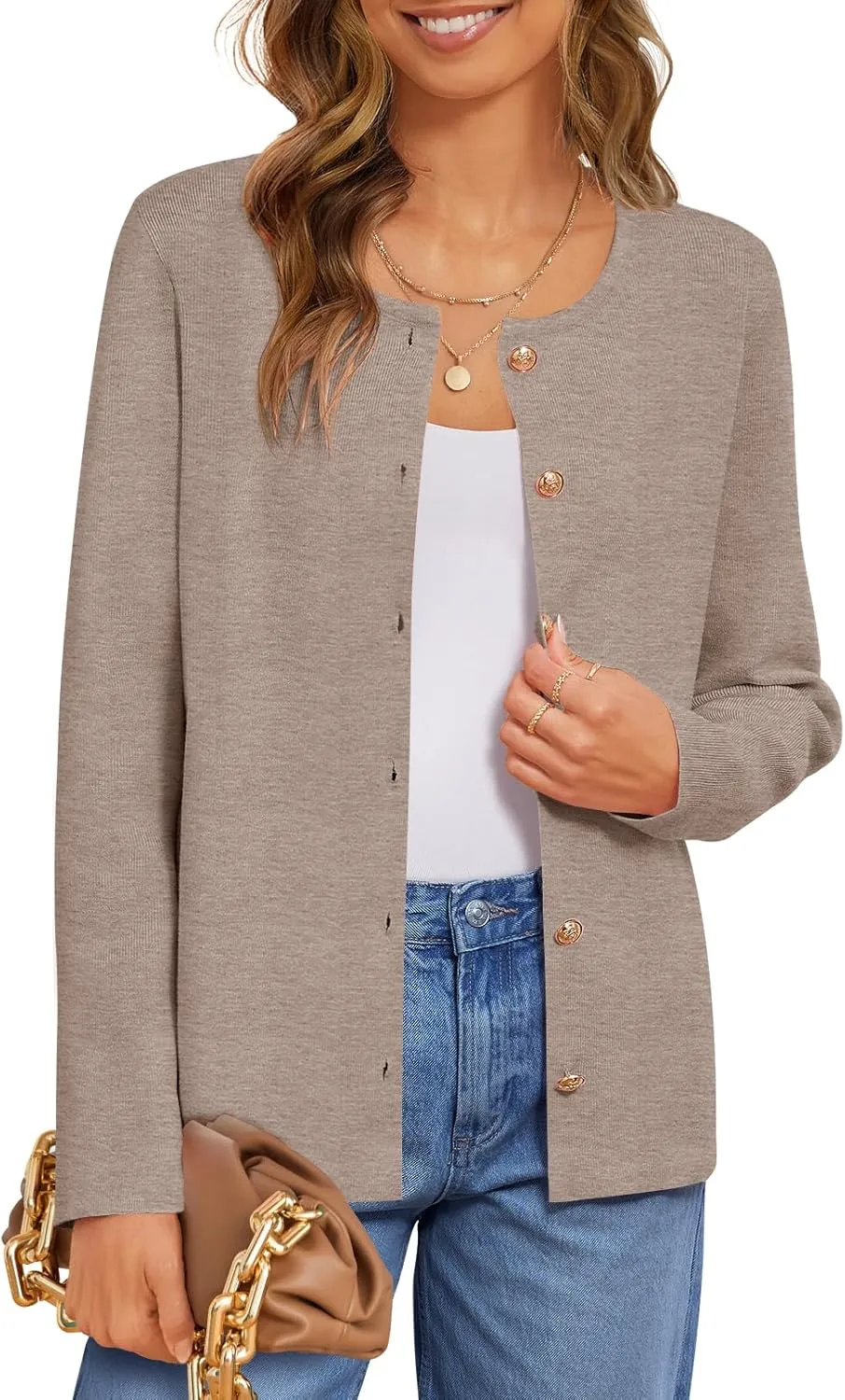 MEROKEETY Women's Button Down Knit Cardigan Sweaters Long Sleeve Crew Neck Solid Color Basic Jacket