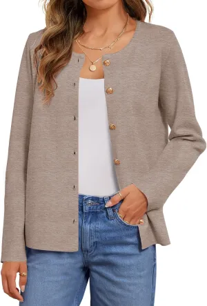 MEROKEETY Women's Button Down Knit Cardigan Sweaters Long Sleeve Crew Neck Solid Color Basic Jacket