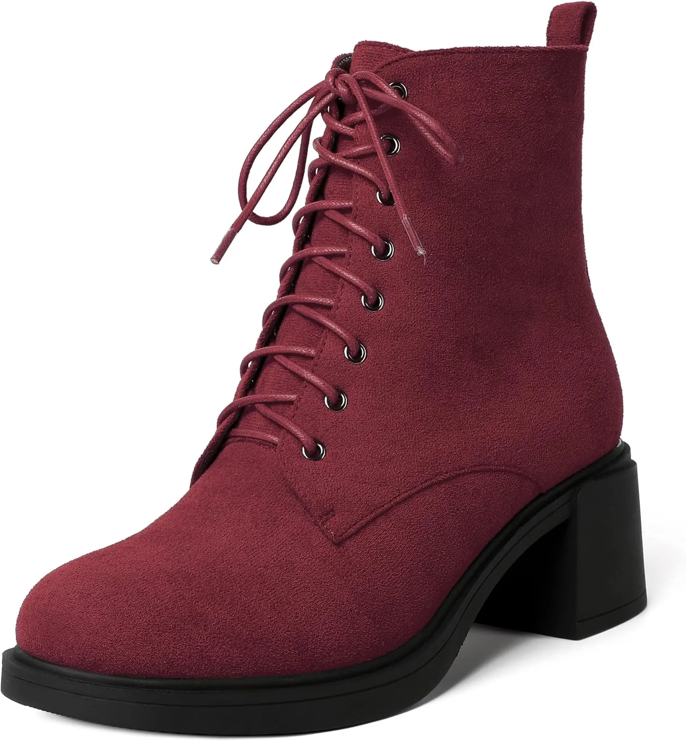 MERRORI Womens Combat Booties Casual Lace Up Solid Round Toe Suede Block Mid Heel Ankle High Boots 2.5 Inch