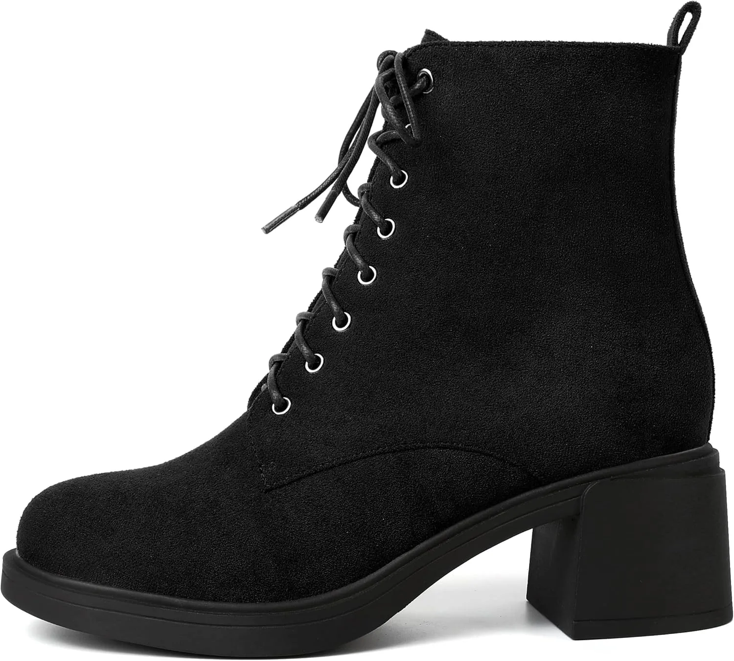 MERRORI Womens Combat Booties Casual Lace Up Solid Round Toe Suede Block Mid Heel Ankle High Boots 2.5 Inch