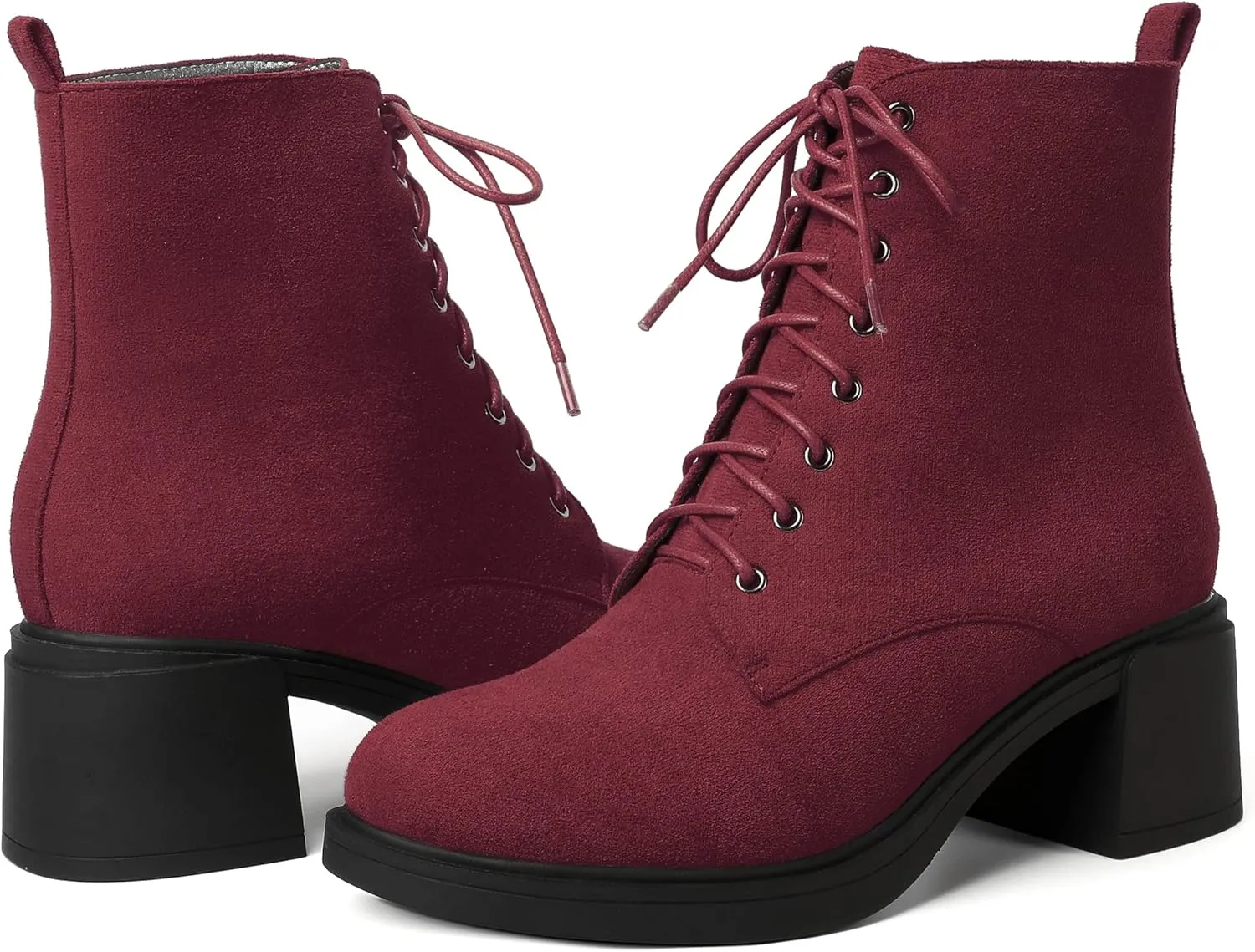 MERRORI Womens Combat Booties Casual Lace Up Solid Round Toe Suede Block Mid Heel Ankle High Boots 2.5 Inch