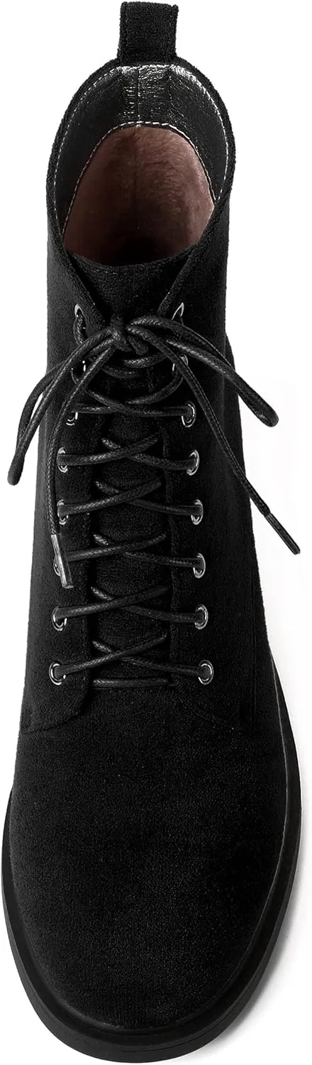 MERRORI Womens Combat Booties Casual Lace Up Solid Round Toe Suede Block Mid Heel Ankle High Boots 2.5 Inch