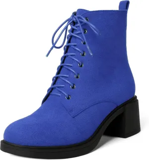 MERRORI Womens Combat Booties Casual Lace Up Solid Round Toe Suede Block Mid Heel Ankle High Boots 2.5 Inch
