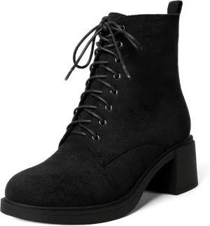 MERRORI Womens Combat Booties Casual Lace Up Solid Round Toe Suede Block Mid Heel Ankle High Boots 2.5 Inch