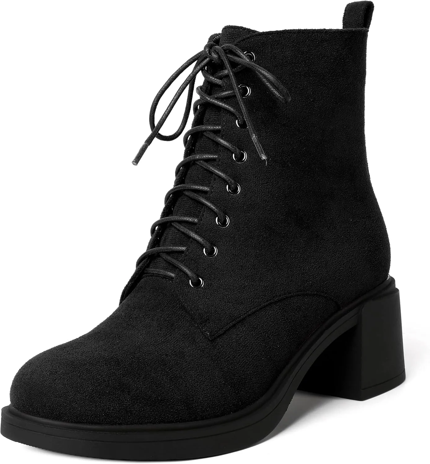 MERRORI Womens Combat Booties Casual Lace Up Solid Round Toe Suede Block Mid Heel Ankle High Boots 2.5 Inch