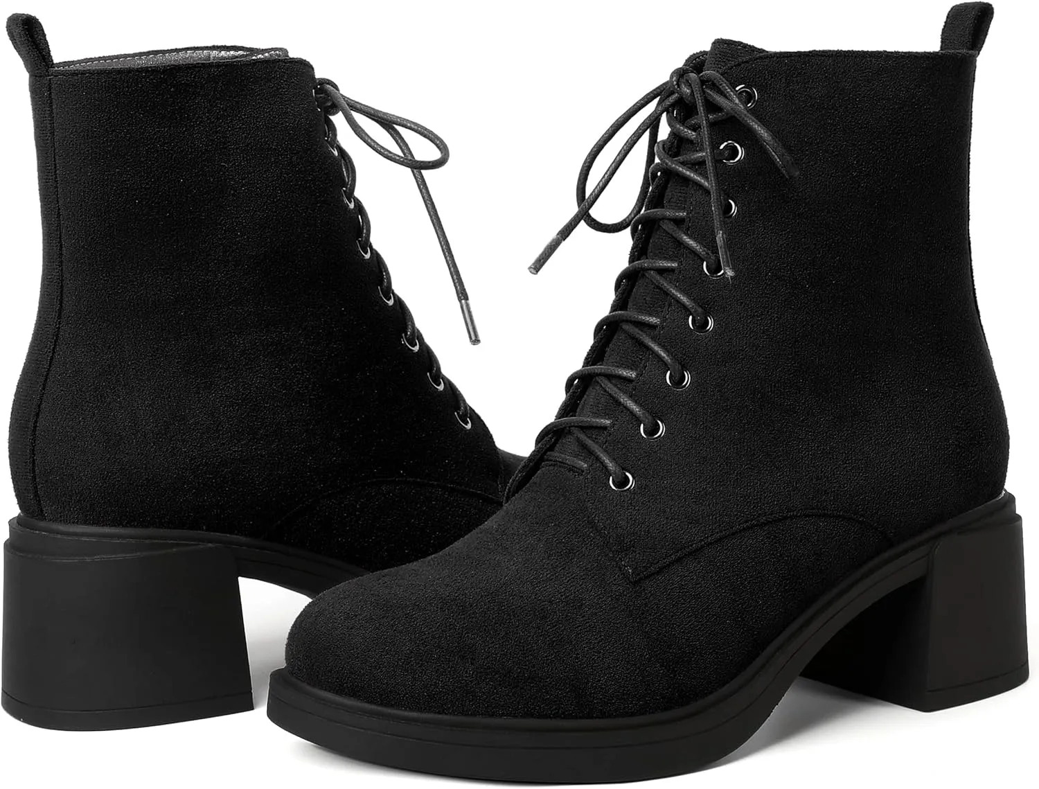 MERRORI Womens Combat Booties Casual Lace Up Solid Round Toe Suede Block Mid Heel Ankle High Boots 2.5 Inch