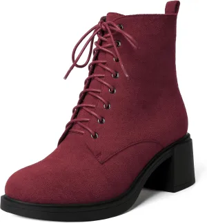 MERRORI Womens Combat Booties Casual Lace Up Solid Round Toe Suede Block Mid Heel Ankle High Boots 2.5 Inch
