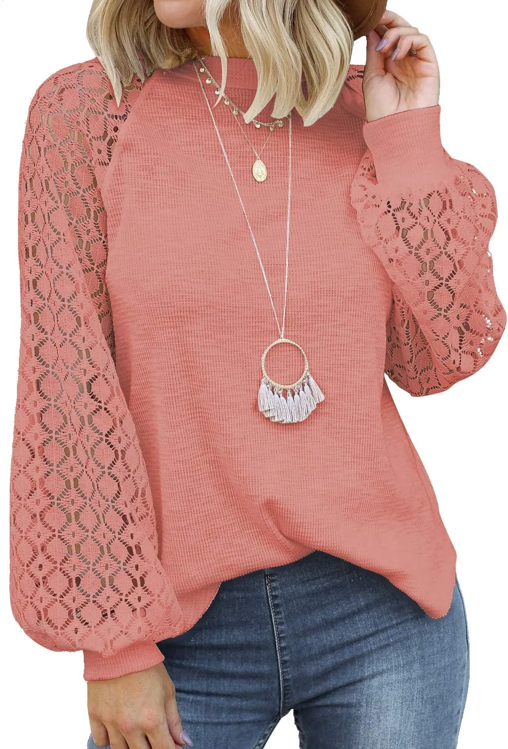 MIHOLL Women’s Long Sleeve Tops Lace Casual Loose Blouses T Shirts