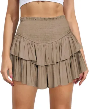 MiiVoo Women's High Waist Ruffle Flowy Mini Skirts Stretchy Waist Solid Lined Layered Pleated Casual Beach Short Skirt