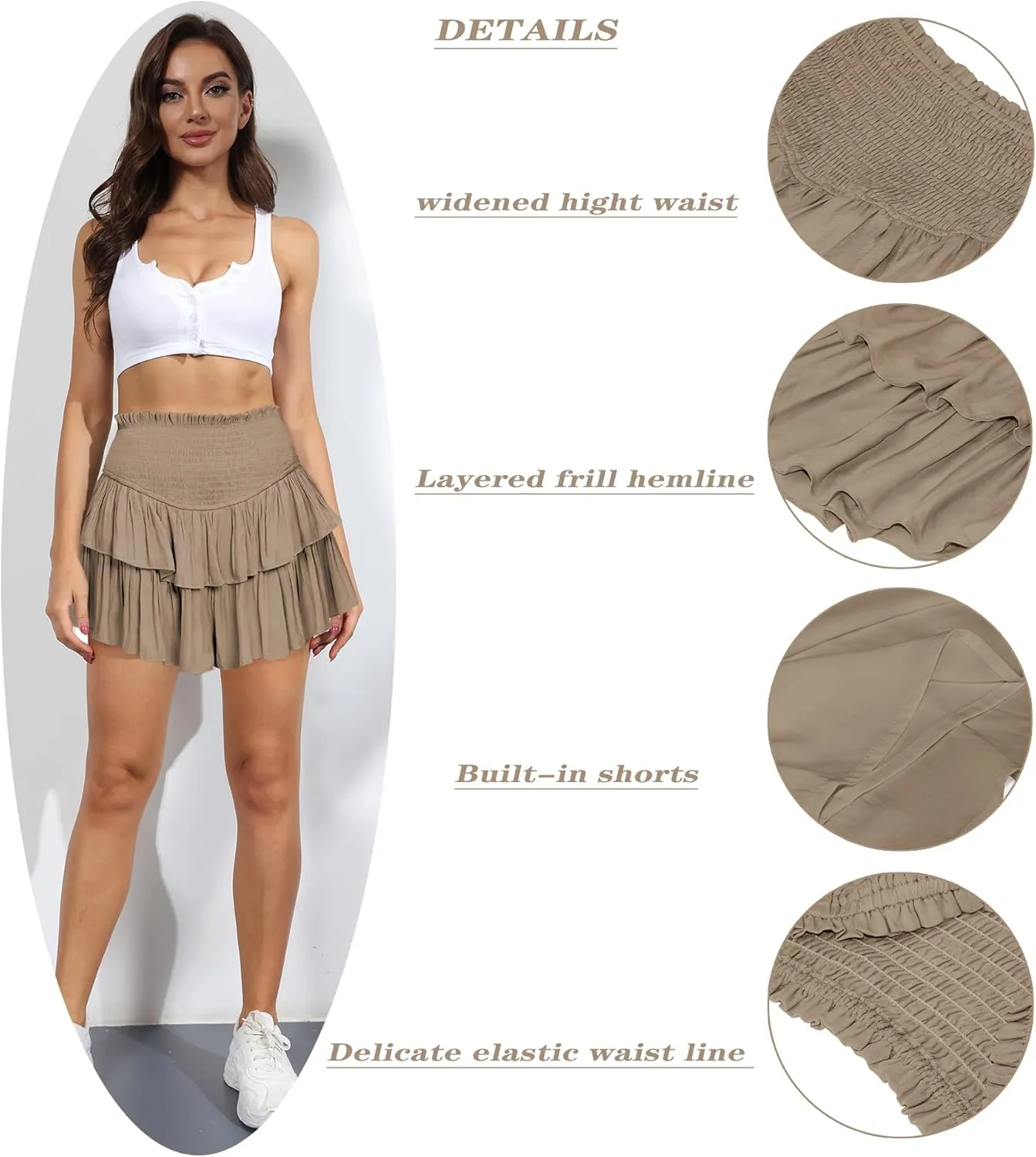 MiiVoo Women's High Waist Ruffle Flowy Mini Skirts Stretchy Waist Solid Lined Layered Pleated Casual Beach Short Skirt