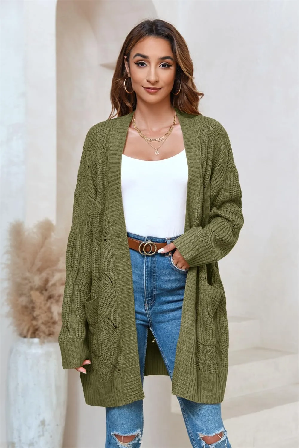 Miladusa Women's Cardigan Sweaters Long Sleeve Plus Size Solid Cable Knit Open Front Outerwear with Pockets
