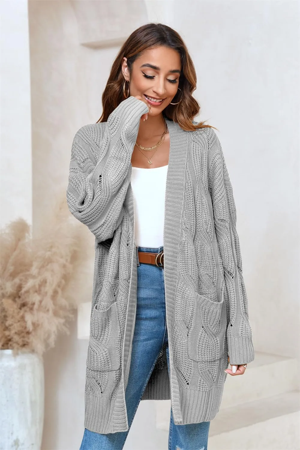 Miladusa Women's Cardigan Sweaters Long Sleeve Plus Size Solid Cable Knit Open Front Outerwear with Pockets