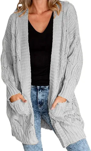 Miladusa Women's Cardigan Sweaters Long Sleeve Plus Size Solid Cable Knit Open Front Outerwear with Pockets