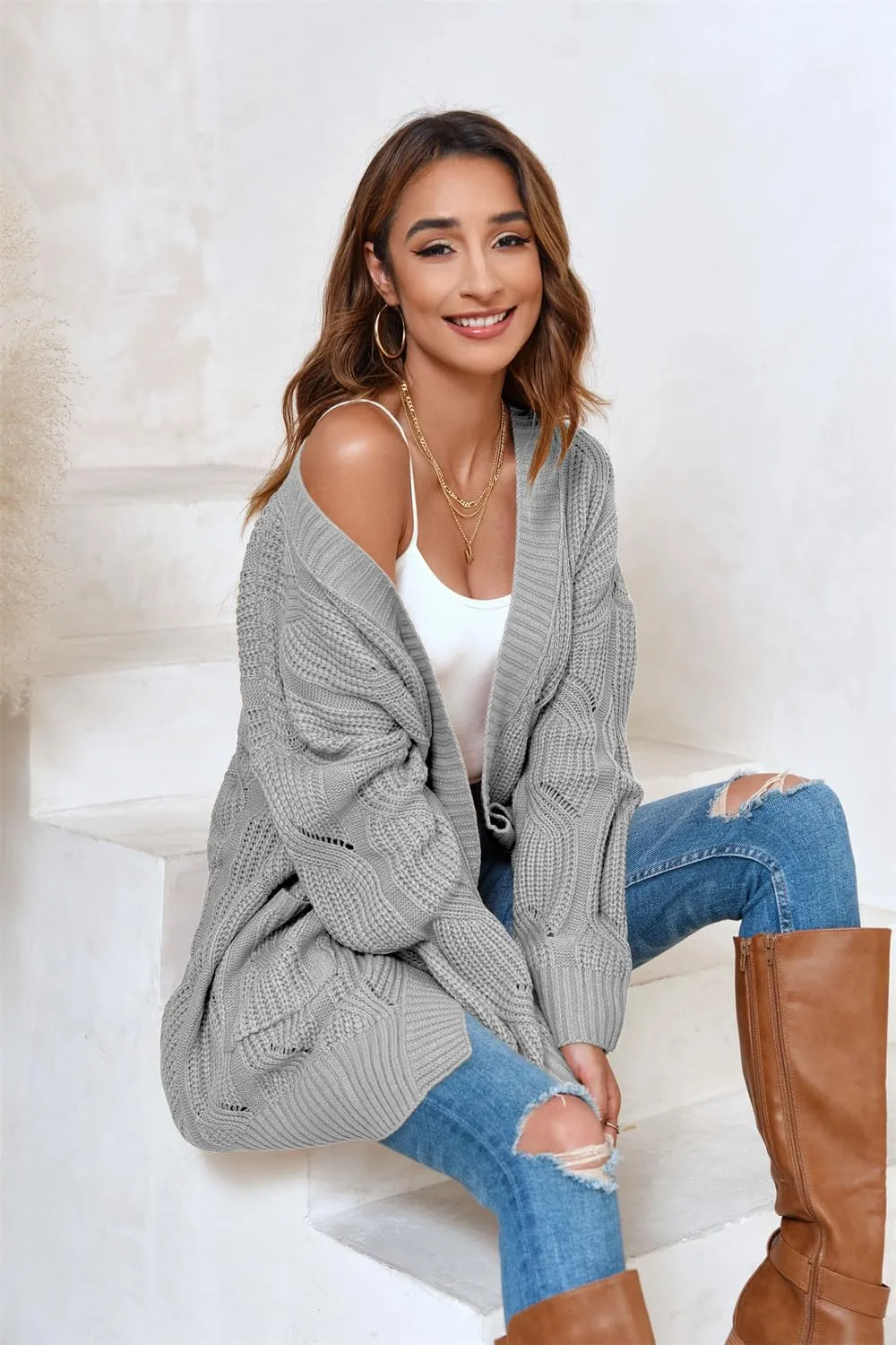 Miladusa Women's Cardigan Sweaters Long Sleeve Plus Size Solid Cable Knit Open Front Outerwear with Pockets