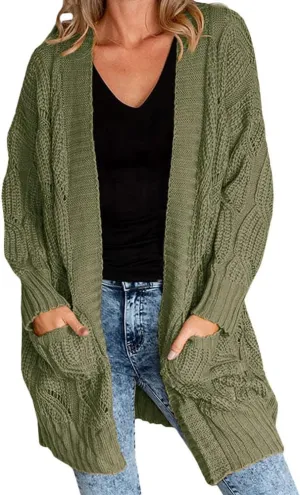 Miladusa Women's Cardigan Sweaters Long Sleeve Plus Size Solid Cable Knit Open Front Outerwear with Pockets