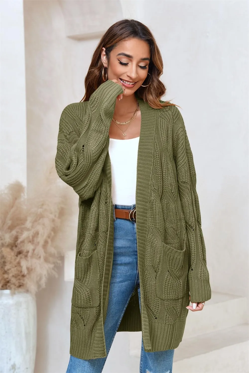 Miladusa Women's Cardigan Sweaters Long Sleeve Plus Size Solid Cable Knit Open Front Outerwear with Pockets