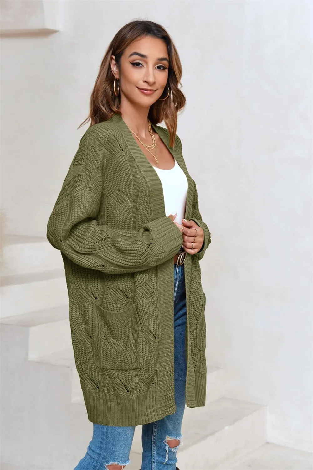 Miladusa Women's Cardigan Sweaters Long Sleeve Plus Size Solid Cable Knit Open Front Outerwear with Pockets