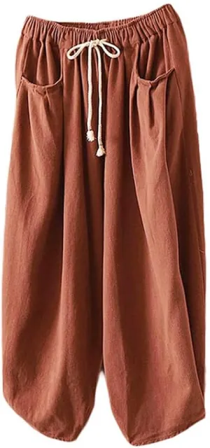 Minibee Women's Baggy Harem Pants Wide Leg Casual Pant Summer Cotton Drawstring Trousers with Pockets